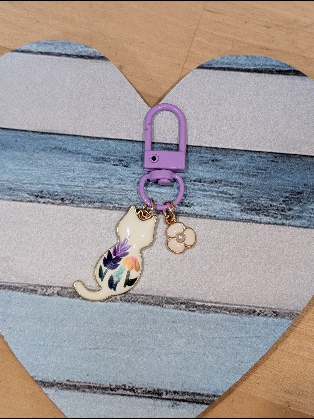 Purple Clip Cat Floral Keychain Charm